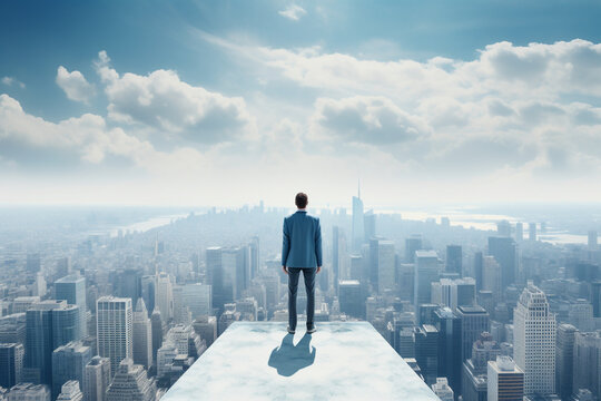 Businessman overlook city horizon for new opportunity, strategy. Preparing for challenge. Entrepreneur following goal. Ai generated business concept illustration