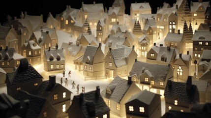 A group of small white houses sitting on top of a table. Digital image.