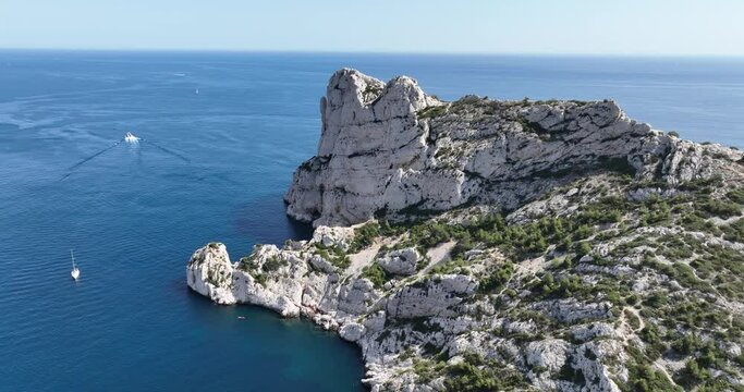 Aerial drone view of the Calanque cliffs near the coast of Marseille.