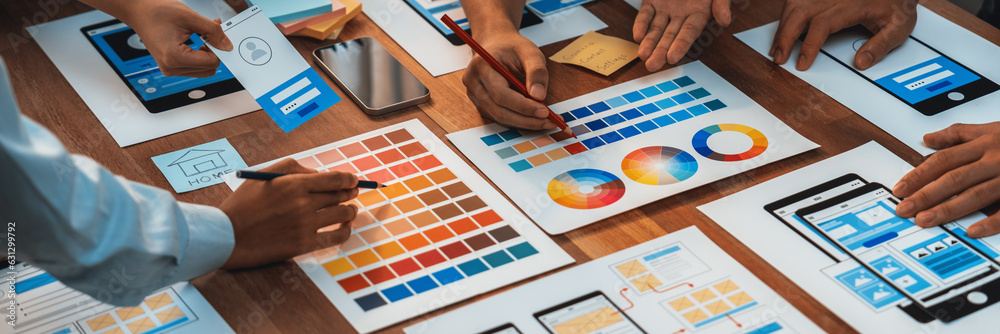 Poster Panorama shot of front-end developer team brainstorming UI and UX designs for mobile app on paper wireframe interface. User interface development team planning for user-friendly UI design. Scrutinize