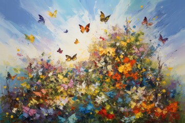 Obraz na płótnie Canvas Lush spring: blooming fields, blue skies, butterflies and a serene stream., generative IA