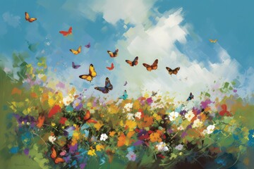 Lush spring: blooming fields, blue skies, butterflies and a serene stream., generative IA