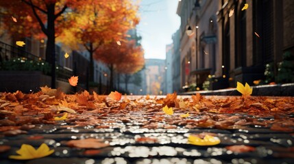 Abstract representation of autumn in the city, featuring falling leaves on pavement. Generative AI
