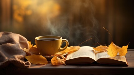 Abstract autumn background featuring yellow leaves, a book, and a coffee cup. Generative AI - obrazy, fototapety, plakaty