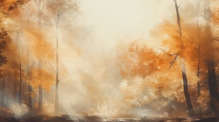 Abstract view of an autumn forest, depicted with watercolors. Generative AI