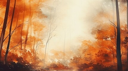 Abstract view of an autumn forest, depicted with watercolors. Generative AI
