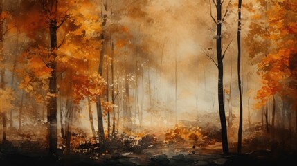 Abstract view of an autumn forest, depicted with watercolors. Generative AI