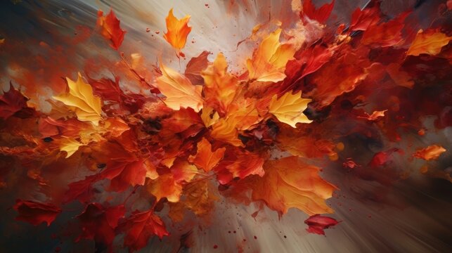 Captivating image of autumn-colored paint splatters on a canvas symbolizing autumn leaves falling. Generative AI