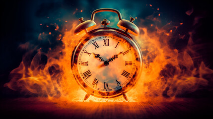 Fototapeta na wymiar Retro alarm clock with Roman Numerals on fire