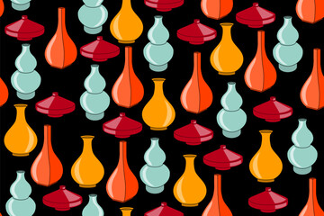 Seamless classic vintage art pattern with colorful decorative vases on black background. Vector illustration.