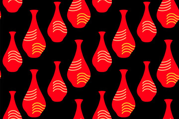 Seamless abstract vintage art pattern with bright red colorful decorative vases isolated on black background.