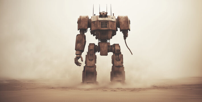 immagine di vecchio possente robot industriale mastodontico, immobile, abbandonato nel deserto in una tempesta di sabbia, vista dal basso