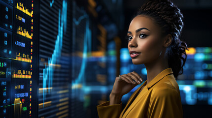 A black female trader analyzing stock market data on a digital wall