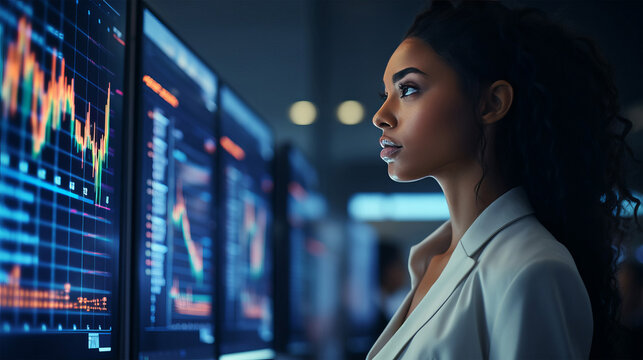 A black female trader analyzing stock market data on a computer screen