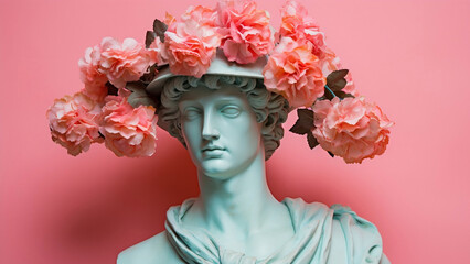 Antique bust of male with carnations bouquet in a hat
