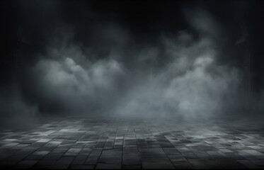 Background of empty room, street, neon light, smoke, fog, asphalt, concrete floor