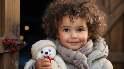 Cute Young Toddler Boy Dressed for a Snowy Christmas Holding His Teddy Bear. Generative AI.