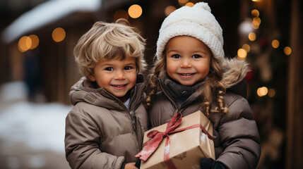 Cute Couple of Children Dressed Warmly Holding a Wrapped Christmas Gift Outdoors.