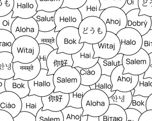 Bubble pattern Hello in different languages. Learning Greetings in world languages - hieroglyphs, letters. Word in chat. Crowd of tourists. Black and white image. Vector illustration