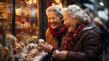 Laughing Senior Adult Women Enjoying the Christmas Holiday Shop in the Village During an Evening Stroll Together. Generative AI.