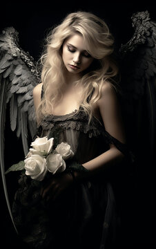An illustrative portrayal of a blonde guardian angel donning a black dress with matching ebony wings, symbolizing a unique blend of celestial watchfulness with a touch of elegant mystique.