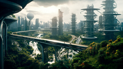 Naklejka premium Landscape of eco city on alien planet. Generative AI