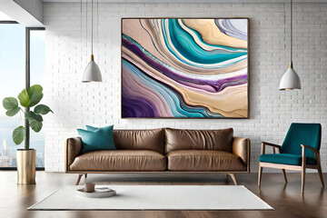 Marble abstract acrylic painting in the interior of the room. Marbling artwork texture.