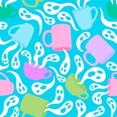 Halloween cartoon monsters seamless ghost and cup of tea and coffee pattern for wrapping paper and fabrics