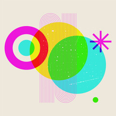 Risograph effect geometric Abstract shapes. Vector Christmas Boho elements with riso print texture. Mid century modern duotone minimalist art print. Organic natural shape.