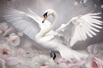 White swan spread its wings among white flowers