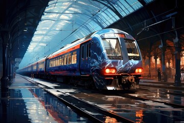 Obraz premium a blue train on an underground railway station Generative AI