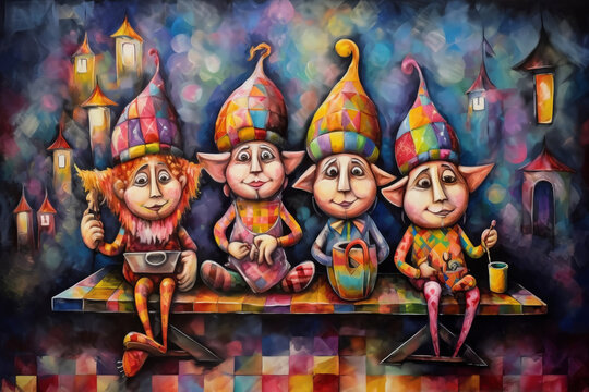 Decorative painting of four cute comical  gnomes in motley clothes