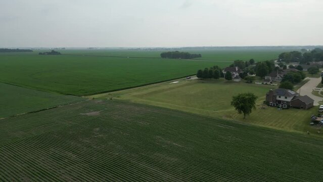 This is a flyover shot moving from a soy field to a corn field near a rural residential neighborhood.