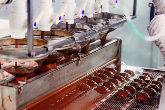 Process of chocolate glazing marshmallows in confectionery on conveyor machine. Marshmallow production line