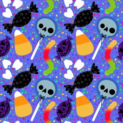 Cartoon Halloween candy seamless skulls and lollipop pattern for wrapping paper and fabrics and kids clothes print