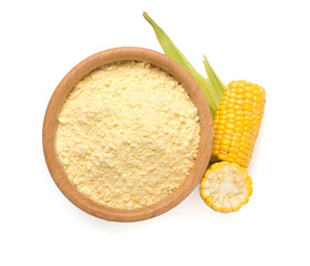 Corn flour with cob isolated on white, top view