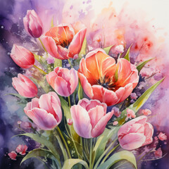 Obraz na płótnie Canvas Elegant tulips bloom against a floral background, capturing nature's grace.