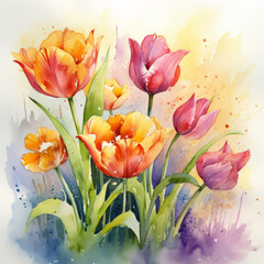 Obraz na płótnie Canvas Elegant tulips bloom against a floral background, capturing nature's grace.