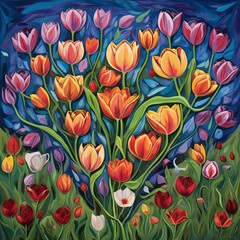 Fototapeta na wymiar Elegant tulips bloom against a floral background, capturing nature's grace.