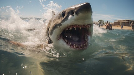The white shark swims in the ocean in search of food. Danger bite from predator in sea and ocean,...