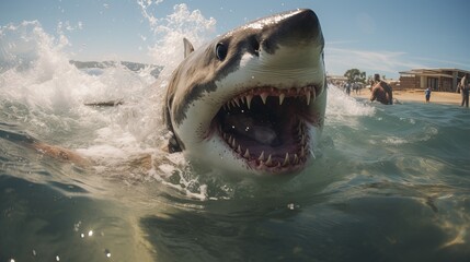 Fototapeta premium The white shark swims in the ocean in search of food. Danger bite from predator in sea and ocean, dangerous toothy fish