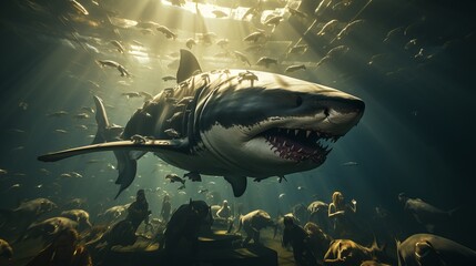 
The white shark swims in the ocean in search of food. Danger bite from predator in sea and ocean,...