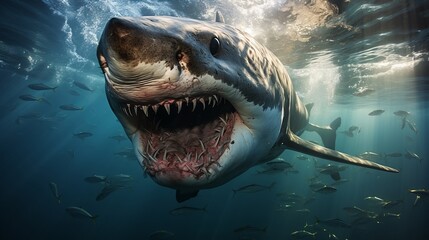 
The white shark swims in the ocean in search of food. Danger bite from predator in sea and ocean, dangerous toothy fish. generative ai