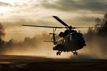 Fototapeta na wymiar A military helicopter landing and raising dust