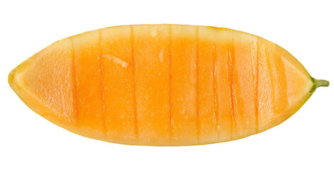 Peel cantaloupe, muskmelon, honeydew slices, pieces isolated on white, clipping path, top view  