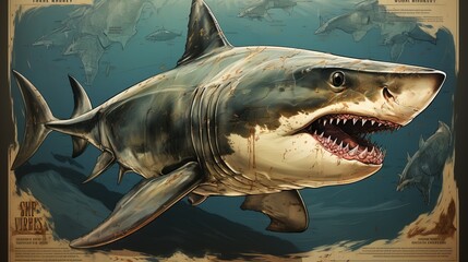 
The white shark swims in the ocean in search of food. Danger bite from predator in sea and ocean, dangerous toothy fish. generative ai