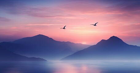 Naklejka premium birds flying and flying through the landscape at sunset Generative AI