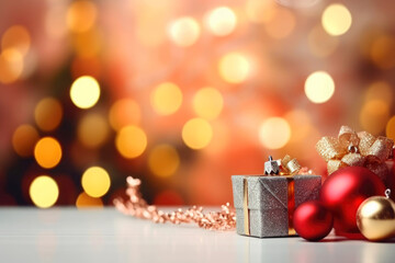 Christmas decoration. Gift boxes and Christmas balls on table and ornaments over abstract bokeh background with copy space. Generative ai