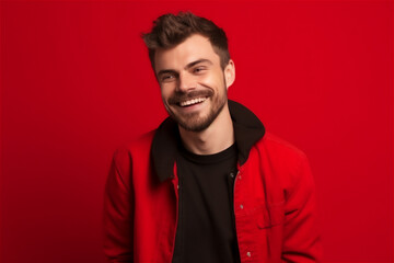 Obraz premium Caucasian young adult man smiling on a red background