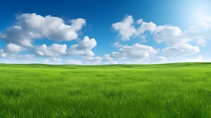Fototapeta na wymiar Panoramic View of a beautiful green Field and a Cloudy Sky
